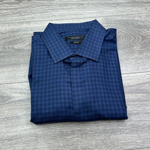John Varvatos Slim Fit Tailored Dress Shirt Mens 16 32/33 Blue Check Preppy - Picture 14 of 15